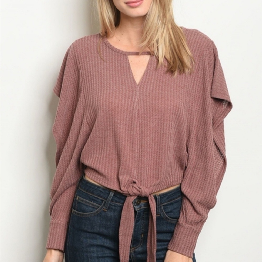 Mauve Front Tie Ruffled Slub Knit Top